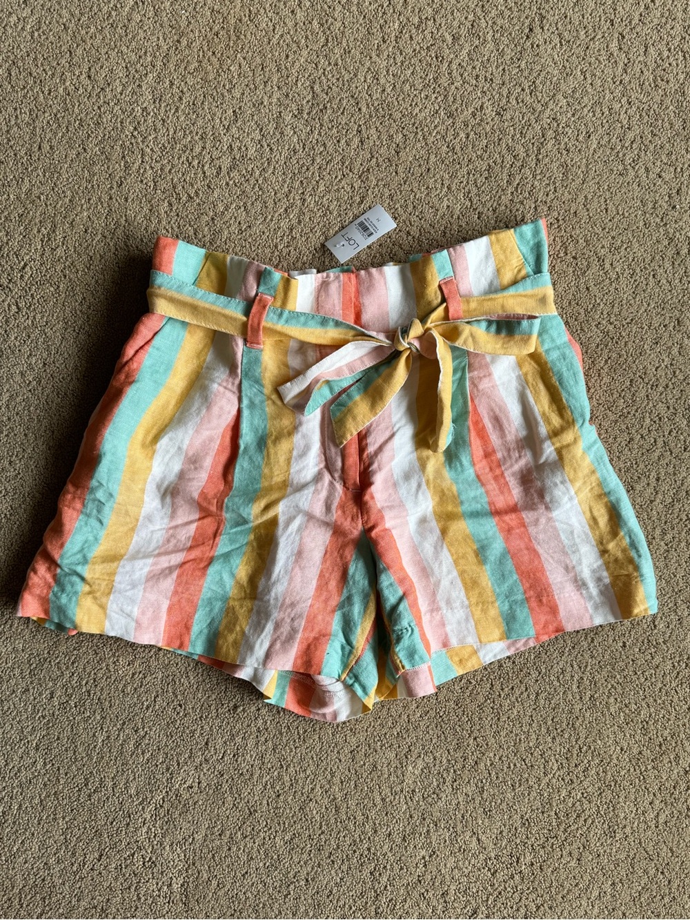 LOFT Striped Linen Blend Paperbag Tie Waist Shorts NWT Size M